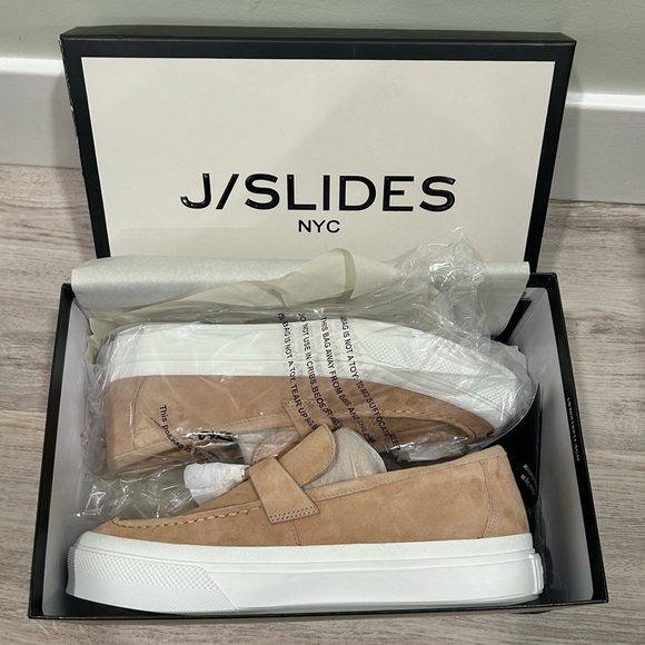 NIB J/SLIDES NYC Goliath Tan Suede Leather Loafer Shoes White Platform Size 8.5 - Picture 1 of 7